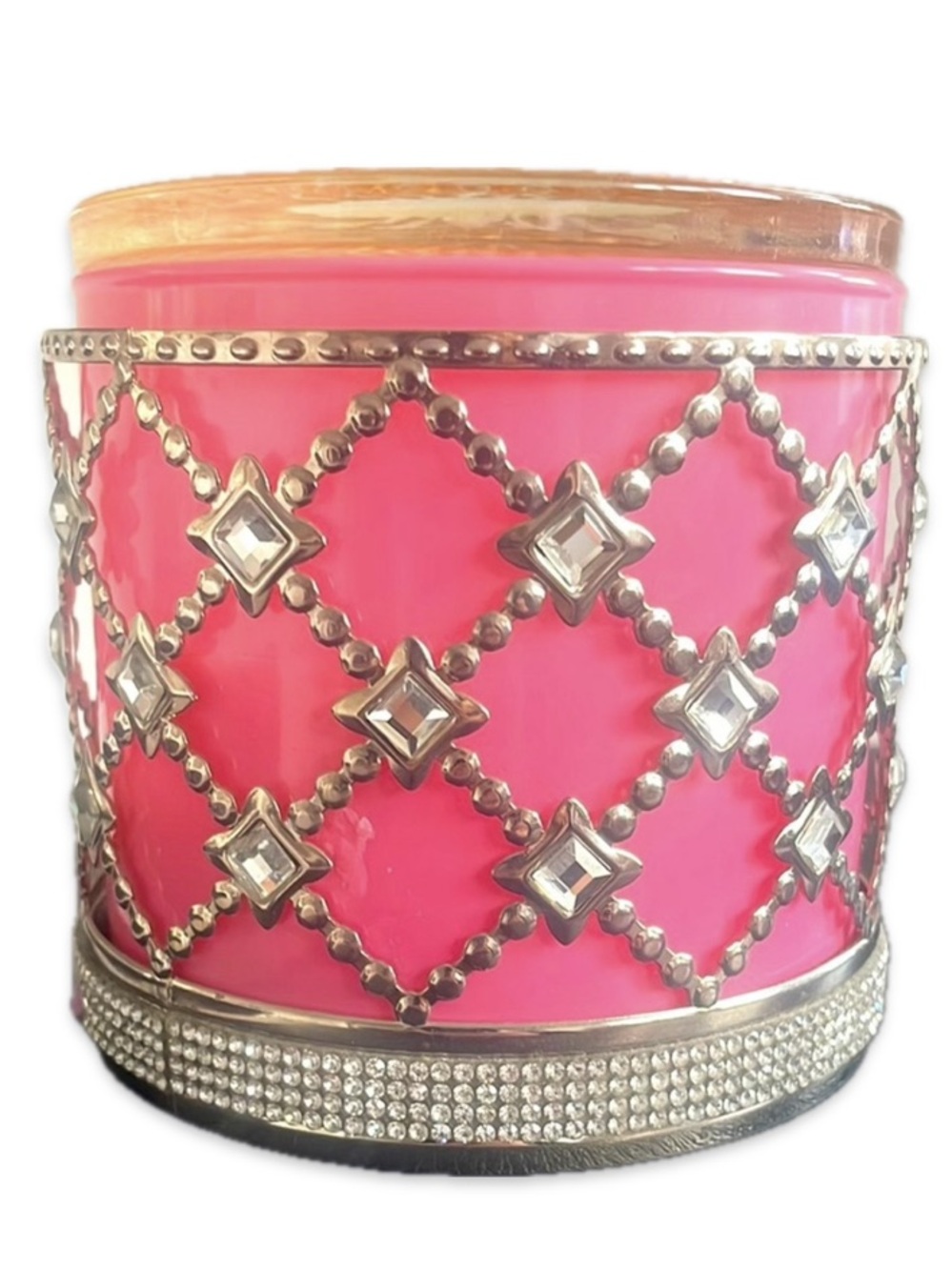 Bath Body Works Pink Rhinestone Lattice Metal 3 Wick Candle Holder Sleeve Glam - Picture 1 of 9